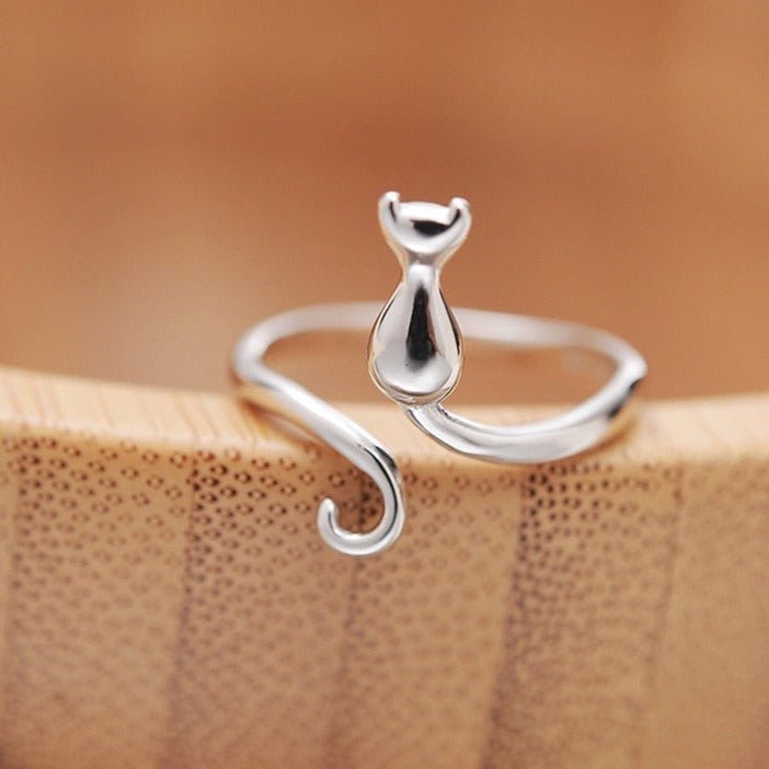 Anillo Adorable Con Gato En Plata (Ajustable)