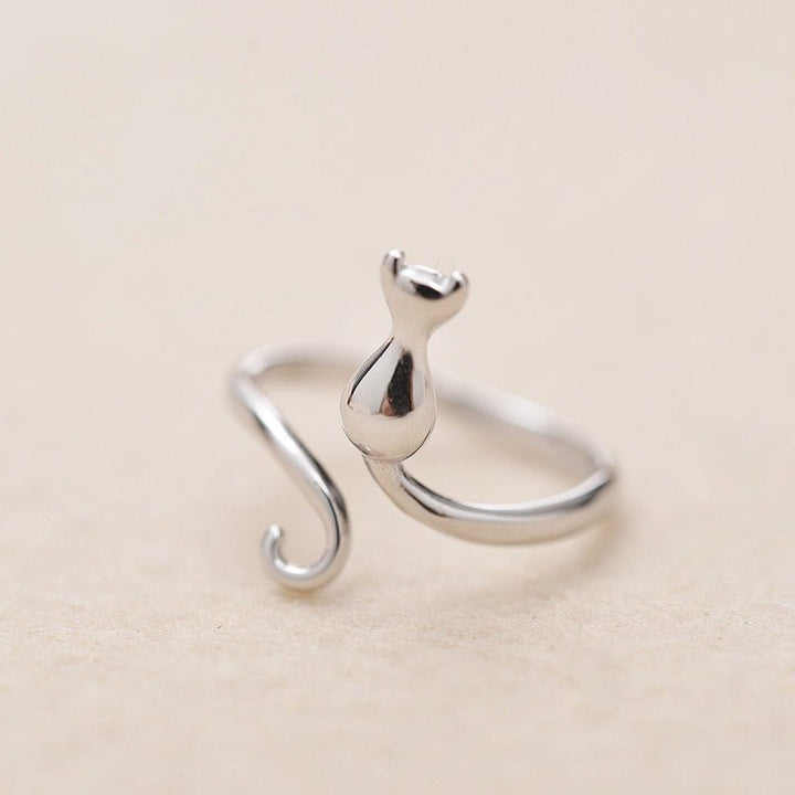 Anillo Adorable Con Gato En Plata (Ajustable)
