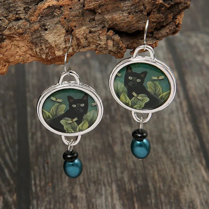 Pendientes Colgantes de Gato Negro Tropical Vintage