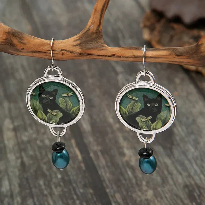 Pendientes colgantes vintage con gato negro tropical
