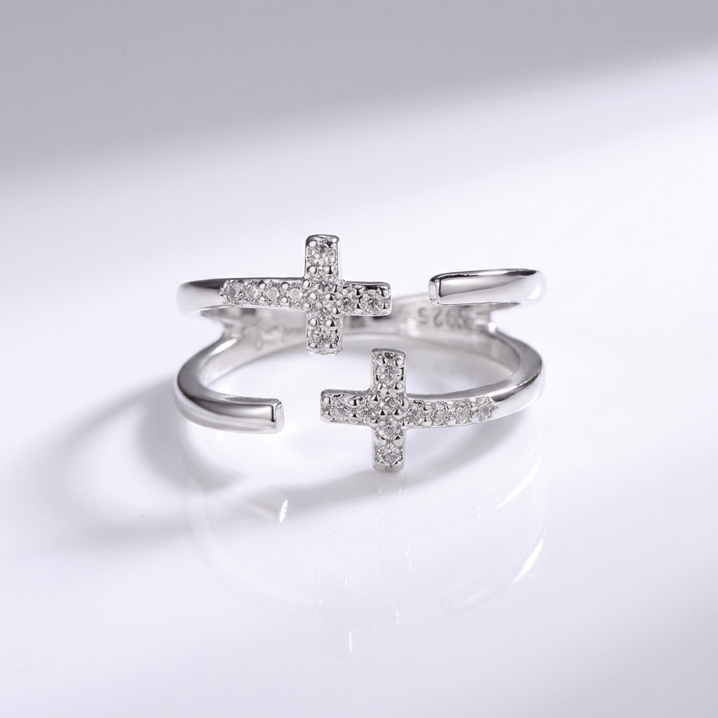 ANILLO DE PLATA Y DIAMANTE DOUBLE CROSS - (AJUSTABLE)