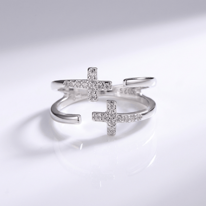 ANILLO DE PLATA Y DIAMANTE DOUBLE CROSS - (AJUSTABLE)