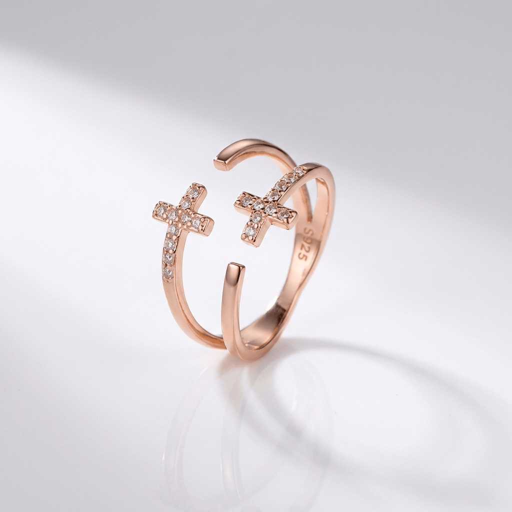 ANILLO DE PLATA Y DIAMANTE DOUBLE CROSS - (AJUSTABLE)