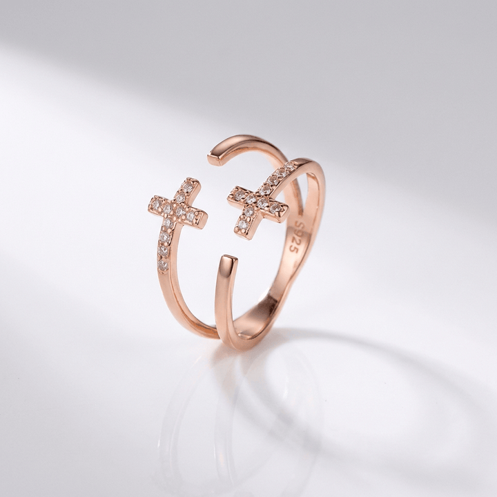 ANILLO DE PLATA Y DIAMANTE DOUBLE CROSS - (AJUSTABLE)