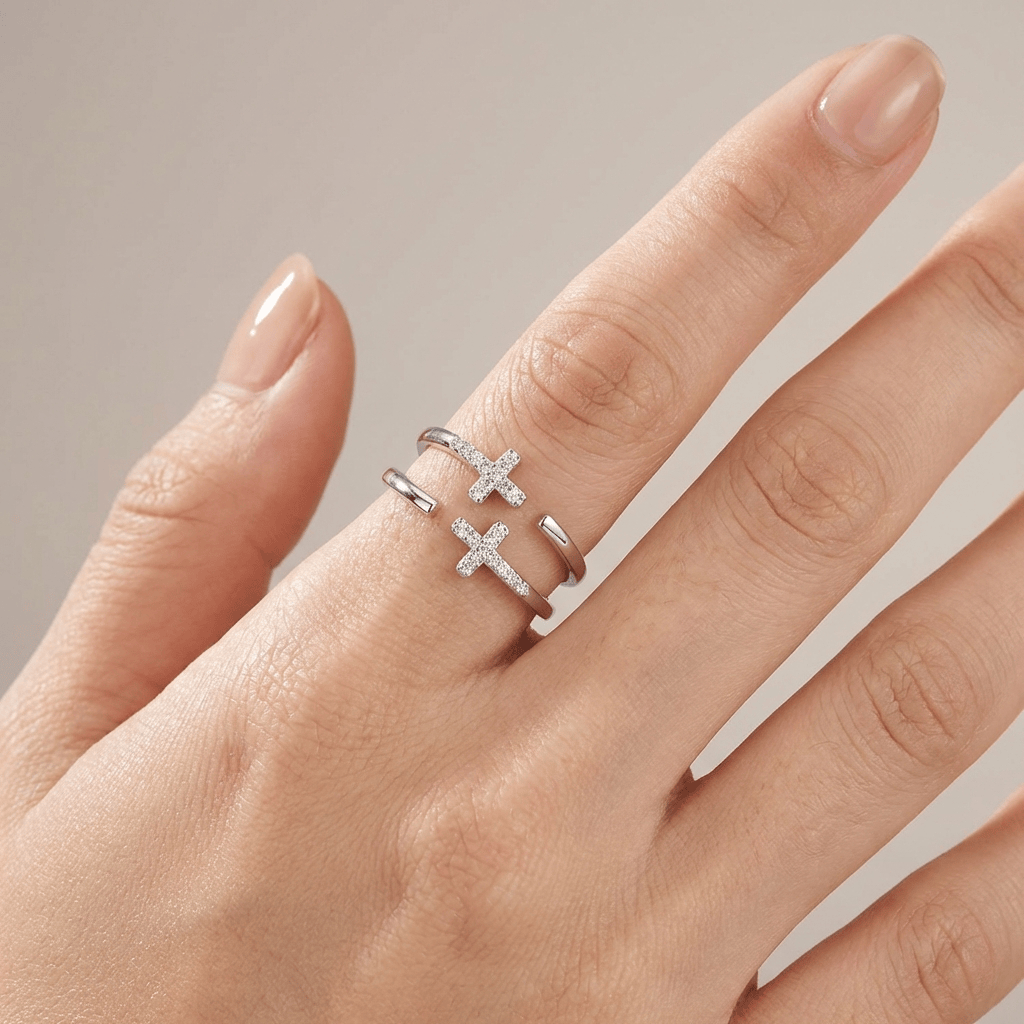 ANILLO DE PLATA Y DIAMANTE DOUBLE CROSS - (AJUSTABLE)
